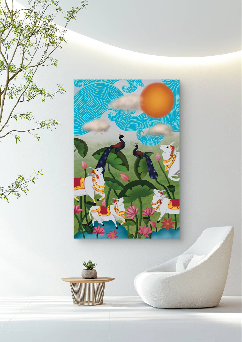 Large Pichwai garden artwork with cows and peacocks in a serene, minimalist room.