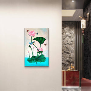Pichwai lotus painting displayed in a luxurious hallway with intricate wall designs.