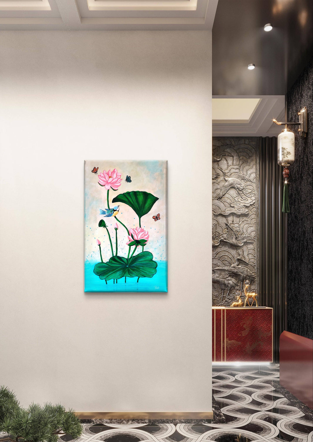 Pichwai lotus painting displayed in a luxurious hallway with intricate wall designs.