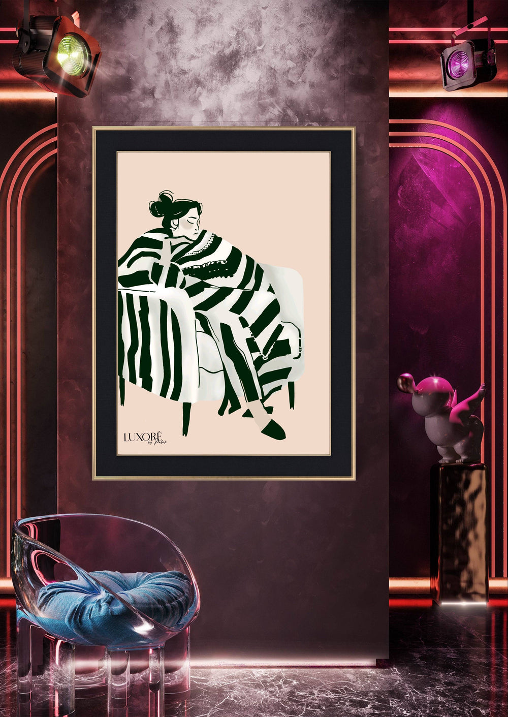 Sleepless Nights Painting - Digital Sofa Art | Monochrome Calm print featuring a woman in striped attire resting on a white sofa, ideal for modern interiors.