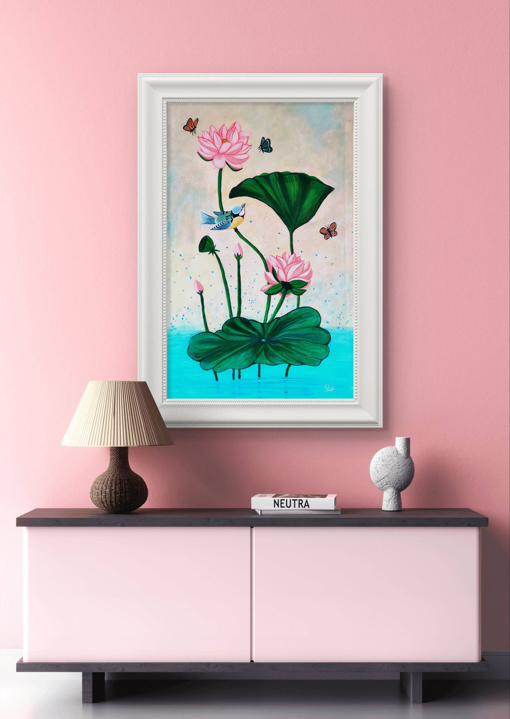 Pichwai acrylic painting of lotus flowers in a pink-themed contemporary decor.