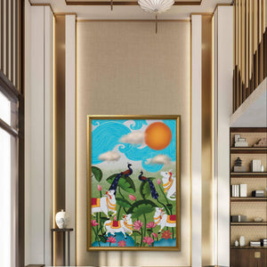 Grand Pichwai digital painting with traditional motifs in a luxurious, high-ceilinged room.