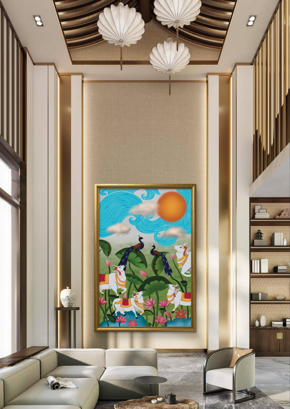 Grand Pichwai digital painting with traditional motifs in a luxurious, high-ceilinged room.