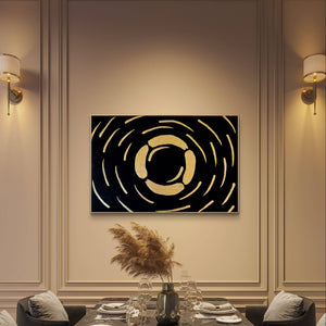 Gold and black abstract textured painting displayed in an elegant dining room with sophisticated decor.