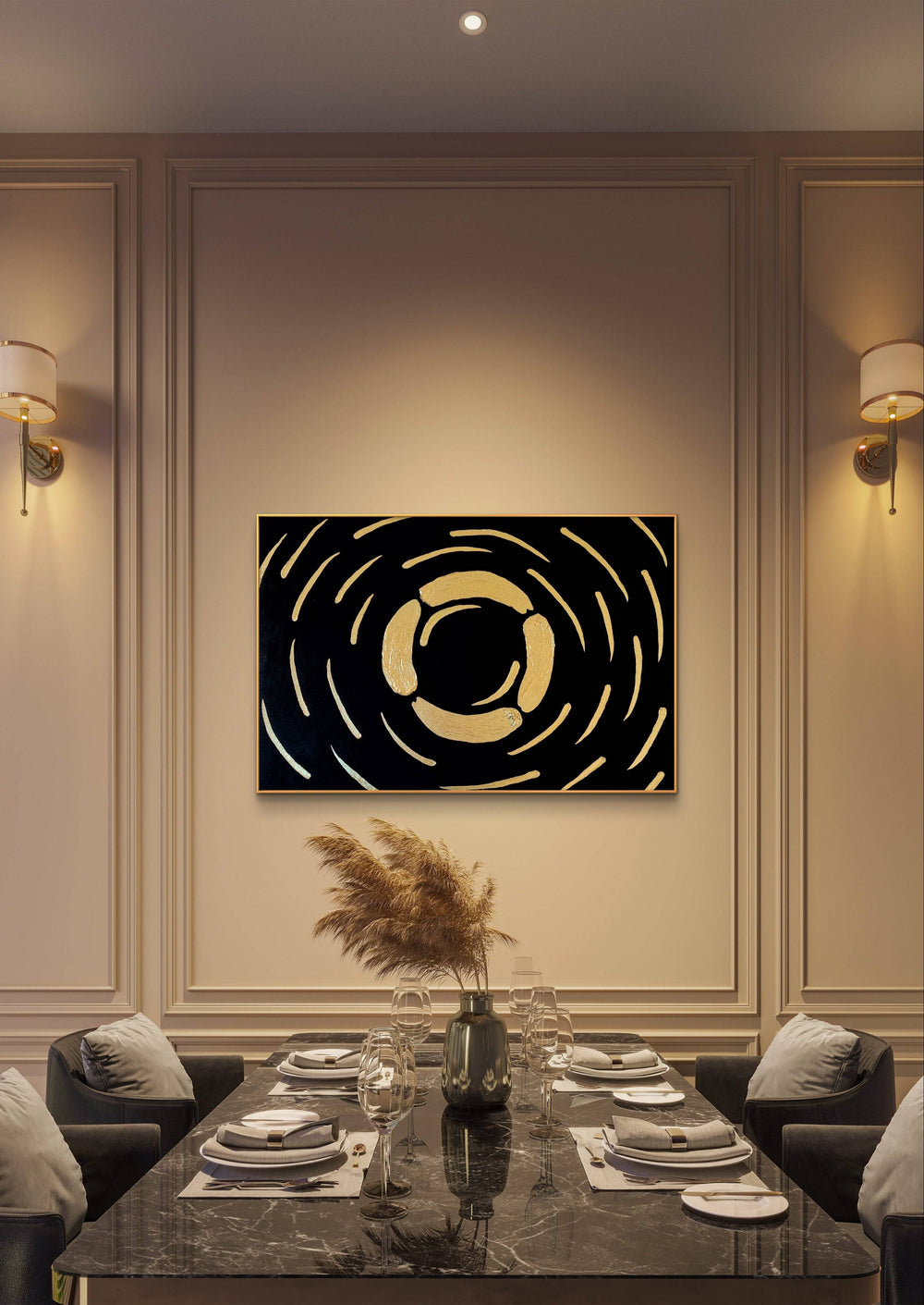 Gold and black abstract textured painting displayed in an elegant dining room with sophisticated decor.
