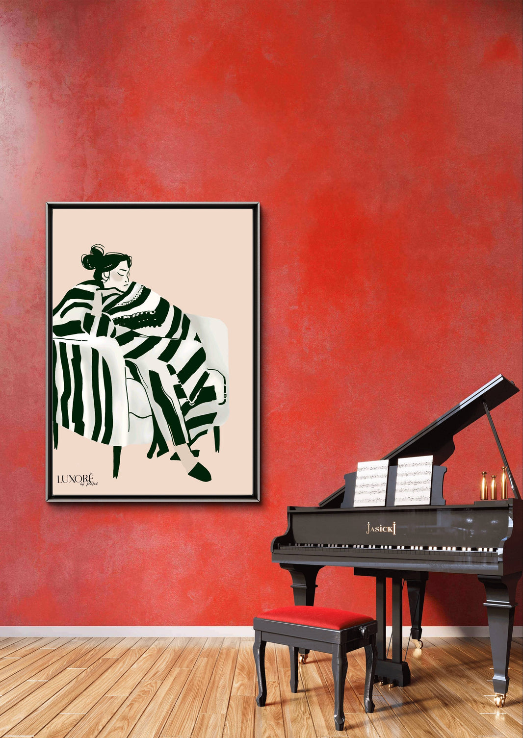 Sleepless Nights Painting - Digital Sofa Art | Monochrome Calm print featuring a woman wrapped in a striped blanket on a sofa, ideal for modern home decor.