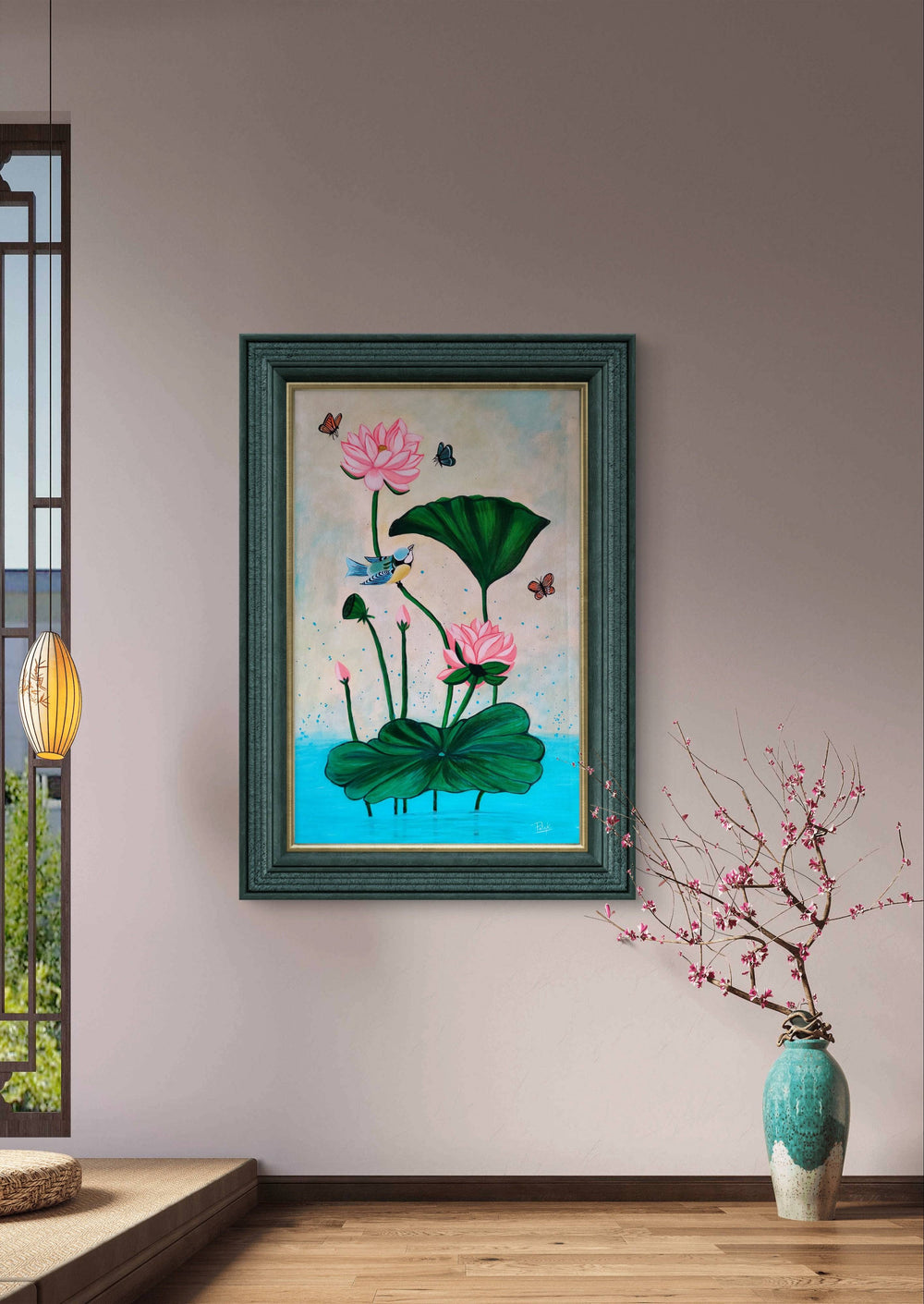 Pichwai lotus painting with vibrant colors in a tranquil space with natural decor.