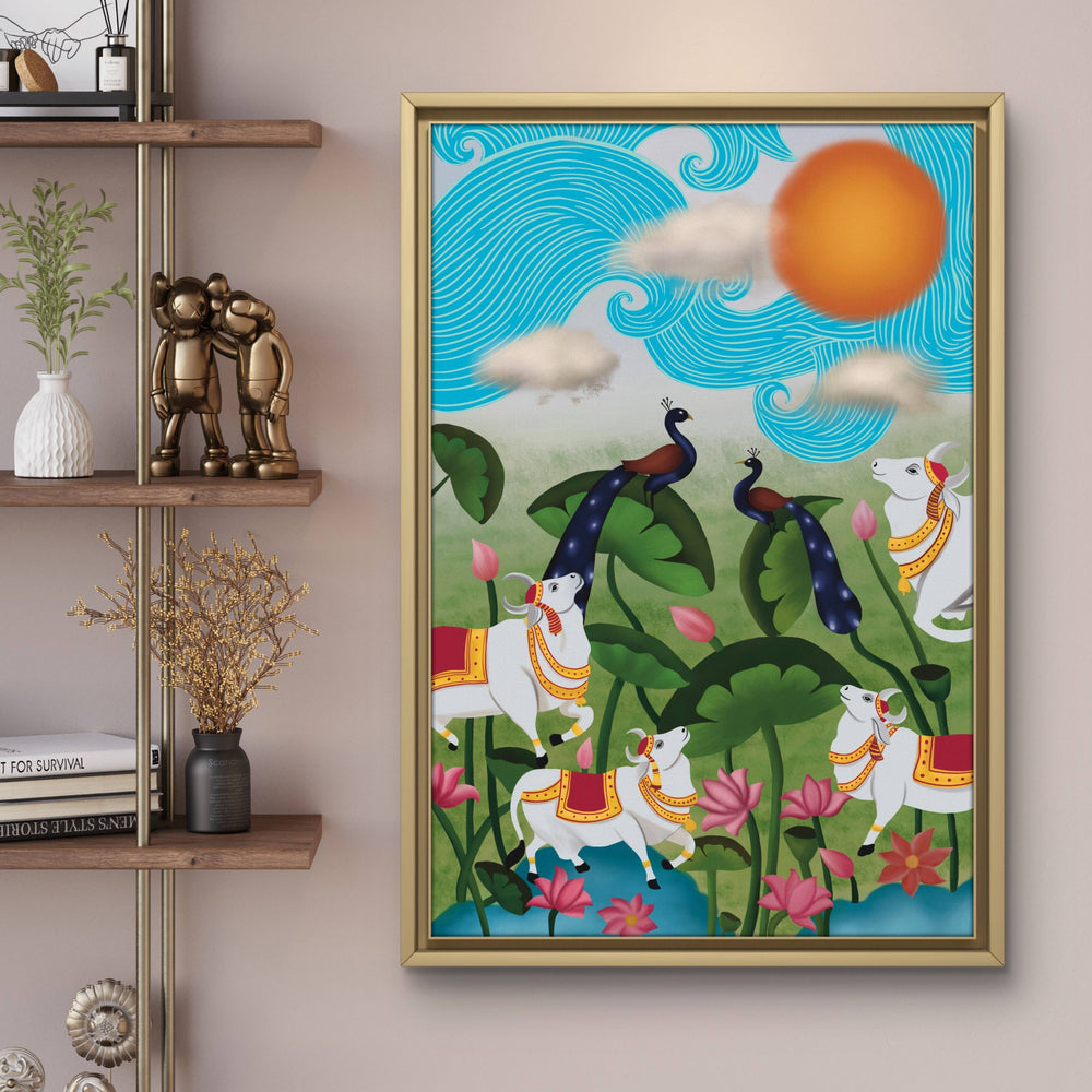 Framed Pichwai garden artwork with cows and peacocks displayed on a decorative shelf.