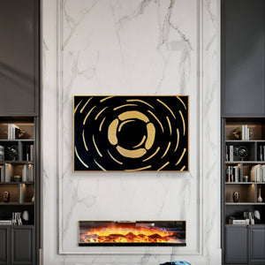Abstract handmade textured painting with gold accents on black background, displayed in a luxurious living room with marble walls and fireplace.