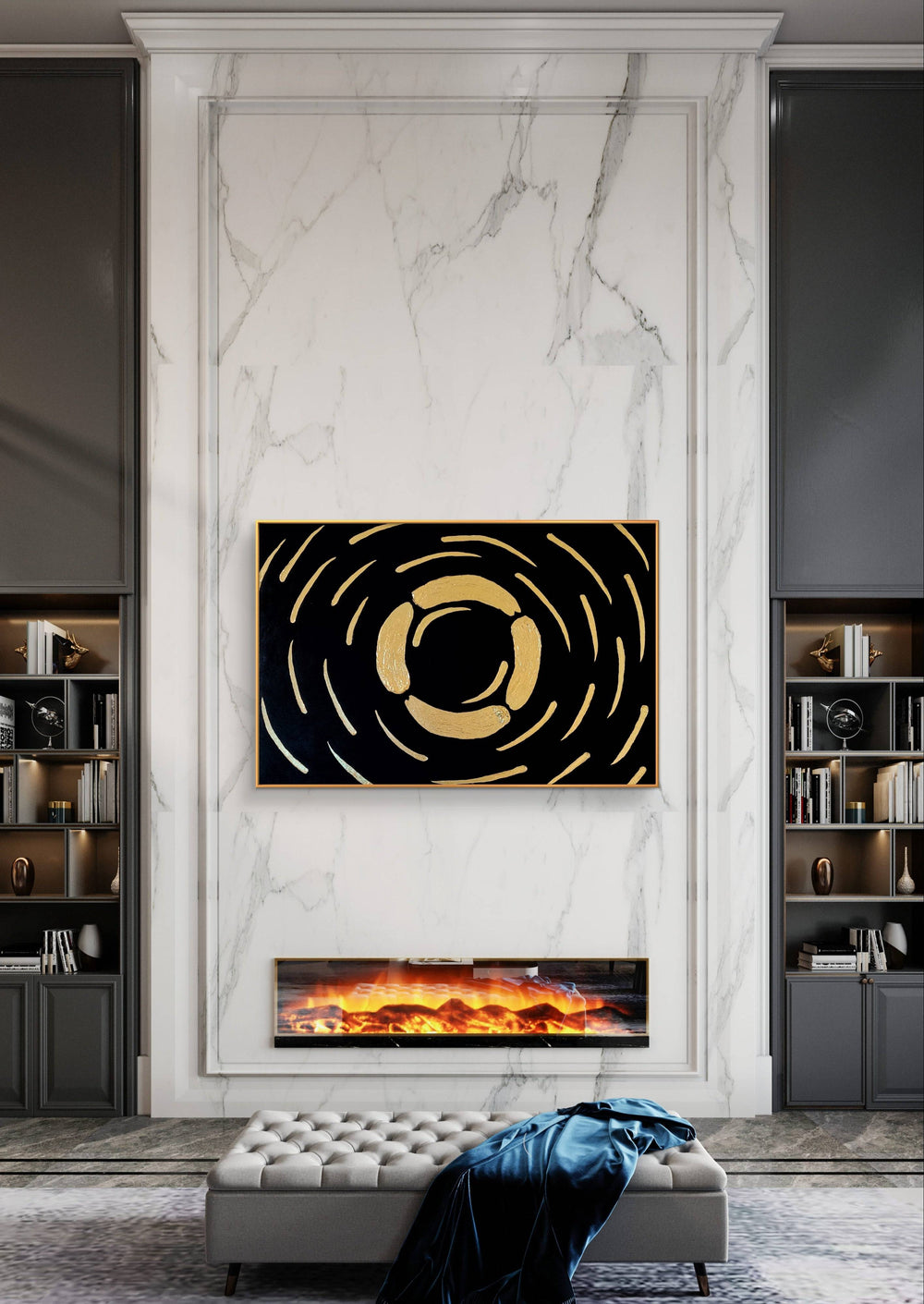 Abstract handmade textured painting with gold accents on black background, displayed in a luxurious living room with marble walls and fireplace.