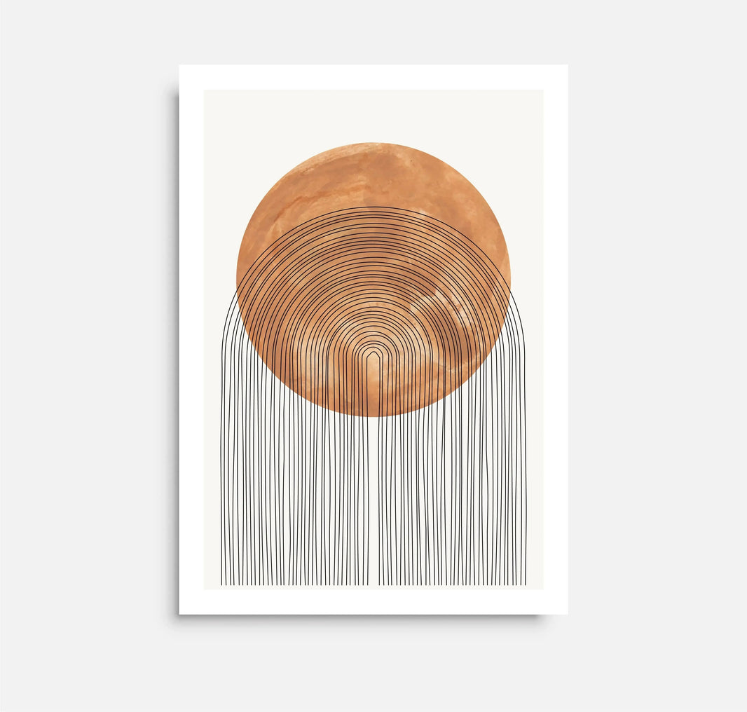 a brown and white art print with a circular design