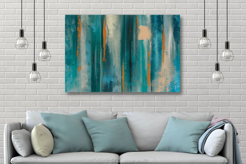 Turquoise Dreams Sunlit Horizons Abstract in Living Room