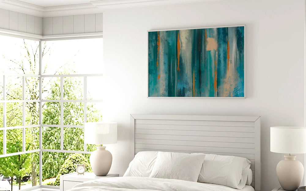 Turquoise Dreams Sunlit Horizons Abstract in bedroom