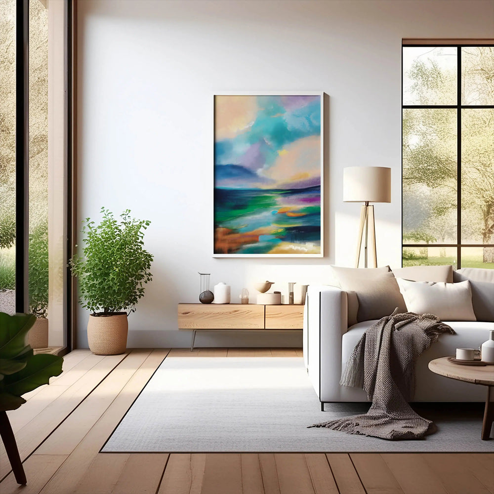 a living room filled with furniture and a painting on the wall