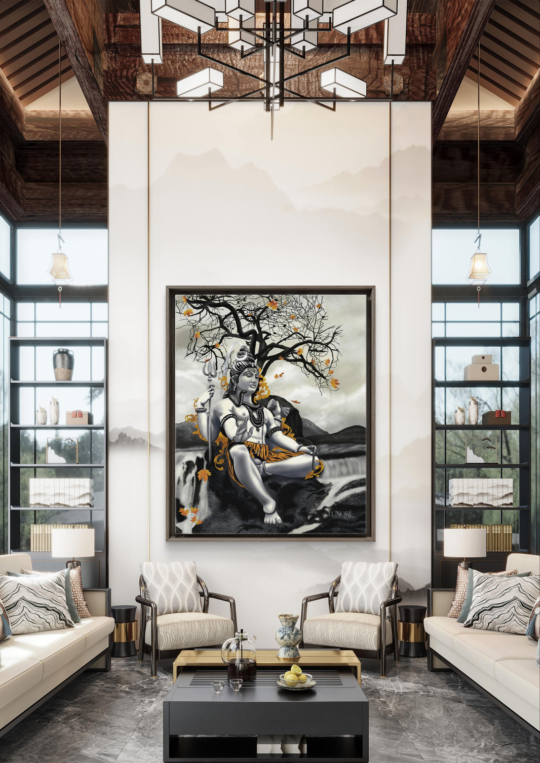 Lord Shiva digital painting displayed in a luxurious living room with high ceilings.