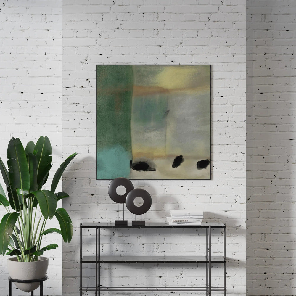 a living room with a white brick wall and a painting on the wall