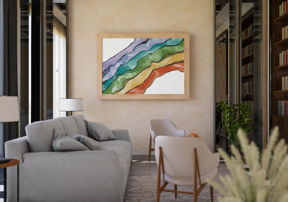 a living room filled with furniture and a painting on the wall