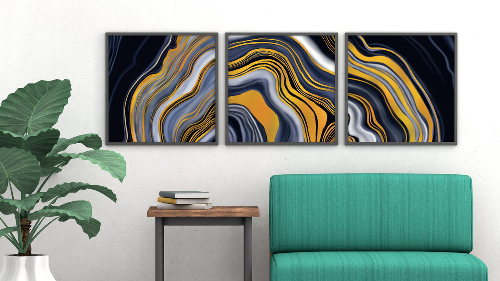 Luxoré Golden Waves of Serenity with 3 Abstract Fluid Arts