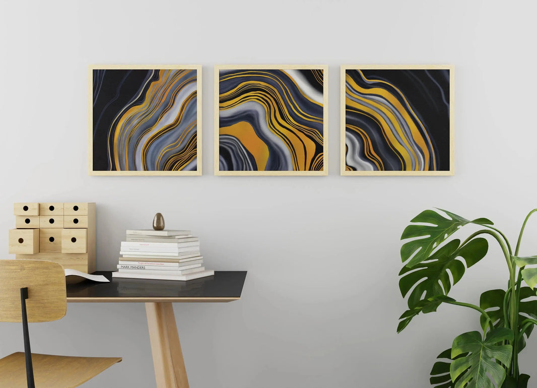 Luxoré Golden Waves of Serenity with 3 Abstract Fluid Arts