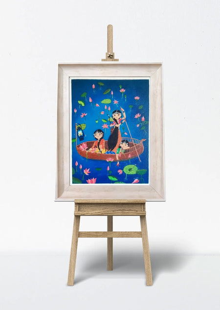Lotus Valley Rangmala Series oil painting displayed on an easel, highlighting its artistic charm.