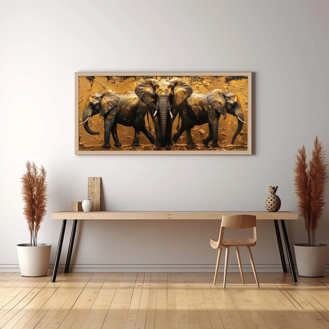 Regal Elephant Trio and Golden Impasto Digital Painting