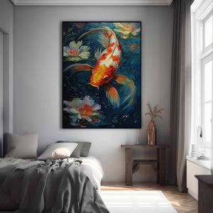 aquatic artwork of gold fish in bedroom