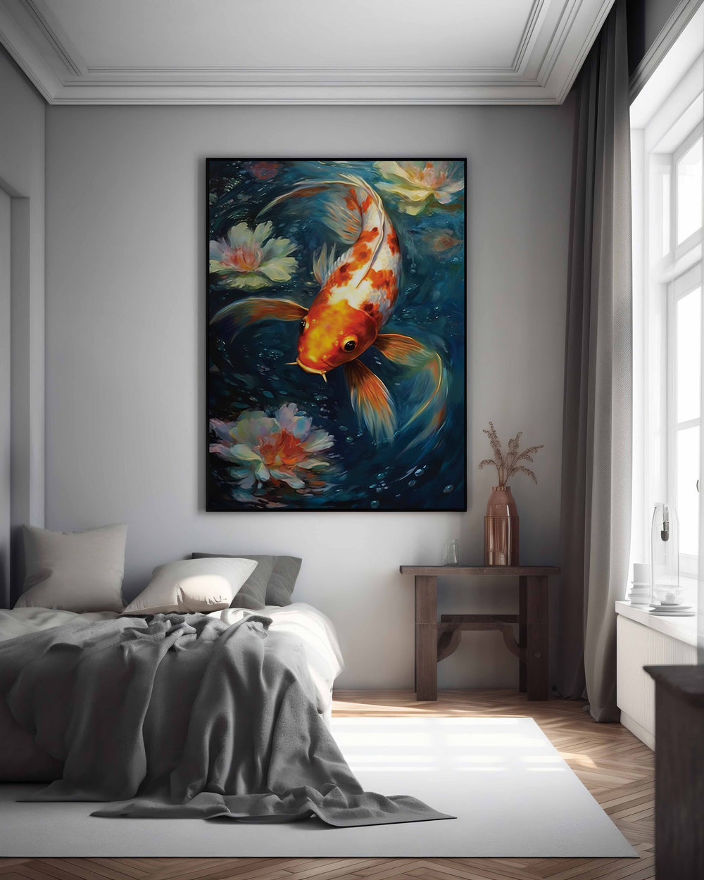 aquatic artwork of gold fish in bedroom