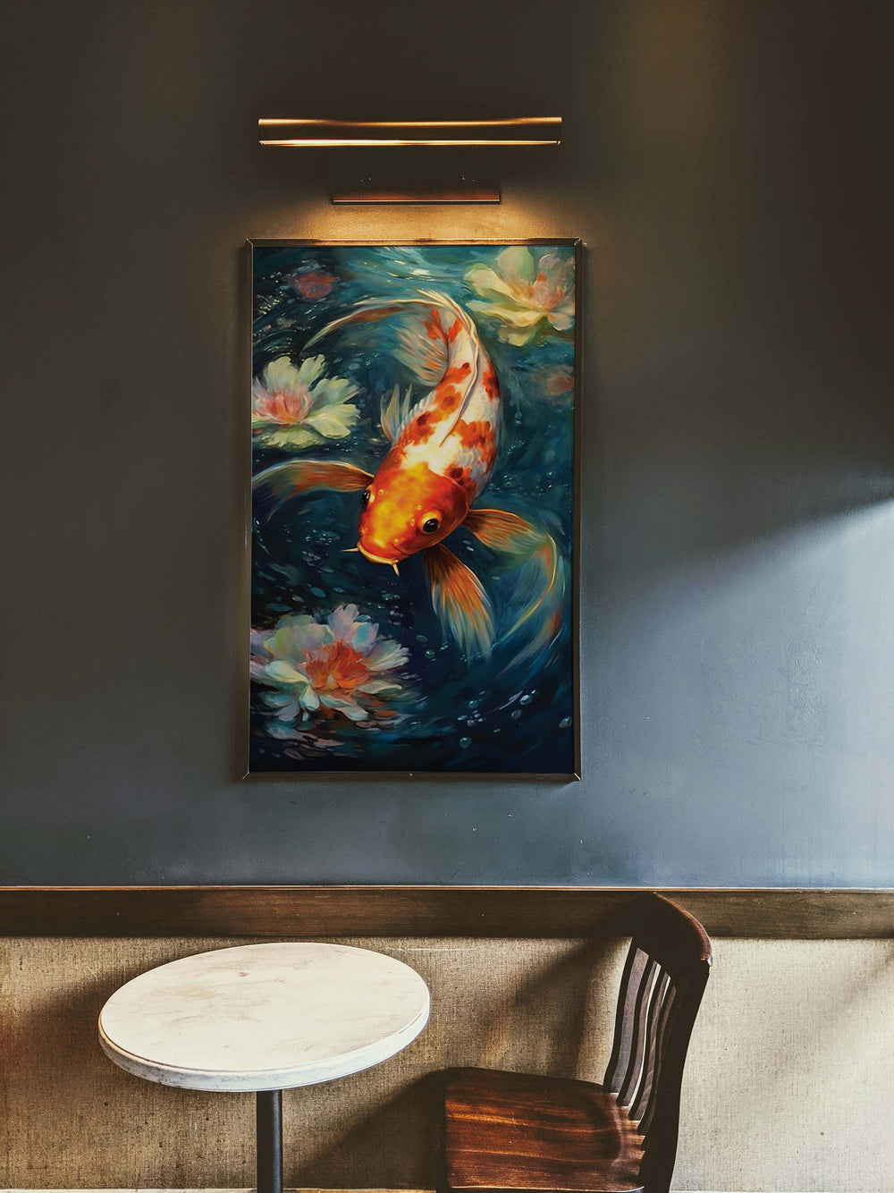aquatic artwork of gold fish in dinning Room