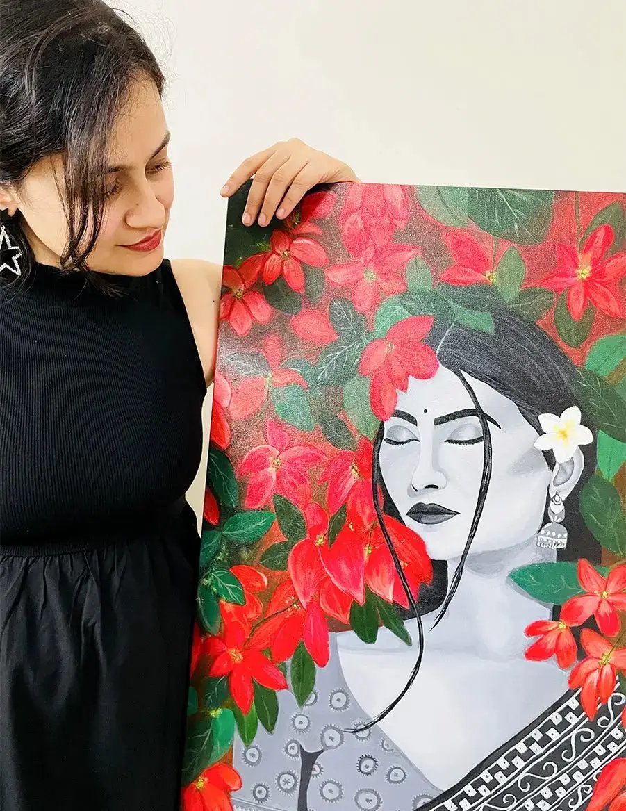 Luxoré Floral Harmony of Abstract Handmade Painting Featuring Girl and Red Flower