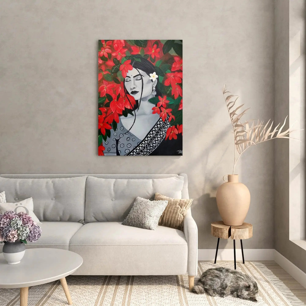 Luxoré Floral Harmony of Abstract Handmade Painting Featuring Girl and Red Flower