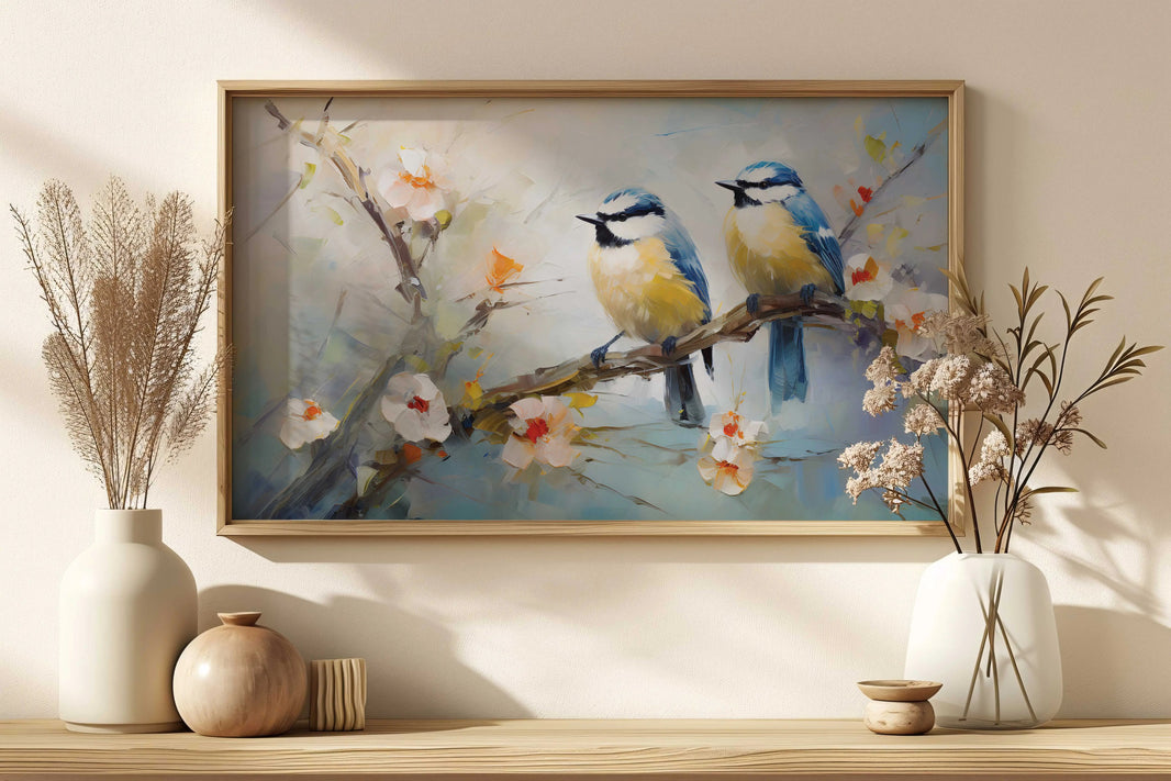 Branches of Joyful Birds and Blossom Flowers Digital Oil Painting