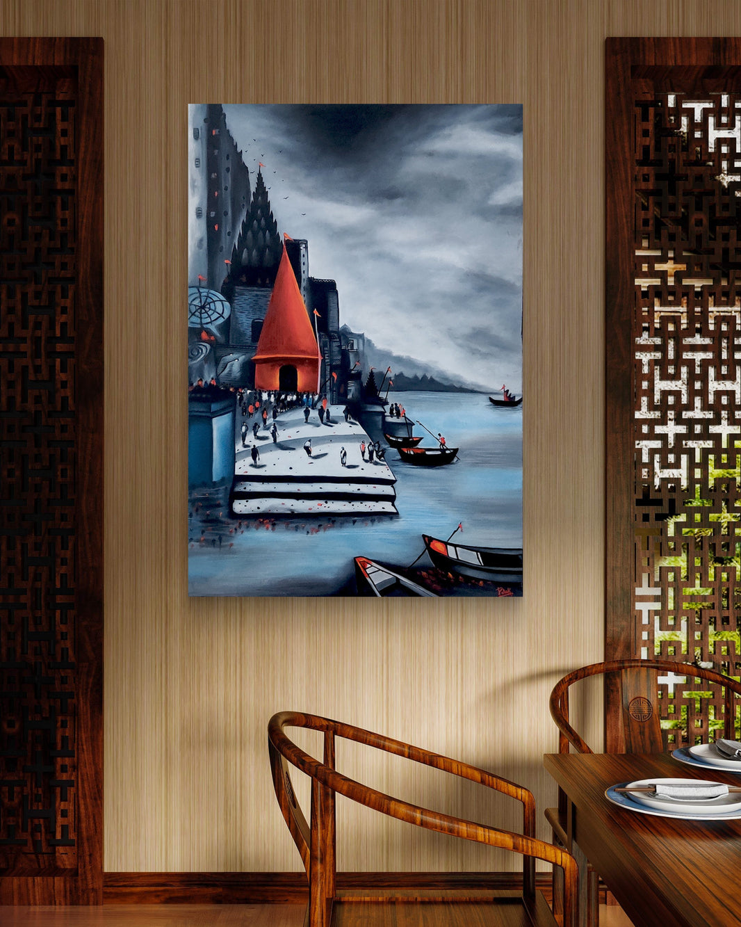 Ghat & Temple Handmade Painting on Canvas