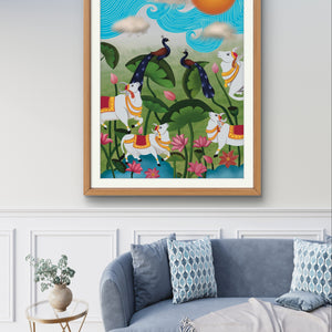 Bright Pichwai digital painting with lotus flowers and animals in a chic living room.