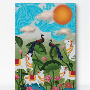 Unframed Pichwai garden digital painting with cows, peacocks, and lotus flowers on display.