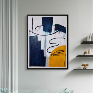 Contemporary abstract painting with blue and yellow textures in a modern dining area.