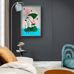 Elegant Pichwai lotus painting in a sophisticated living room with modern furniture.