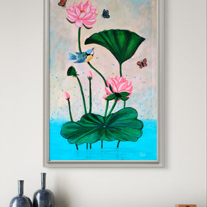 Nature-inspired Pichwai lotus painting on a minimalist sideboard in a modern home.