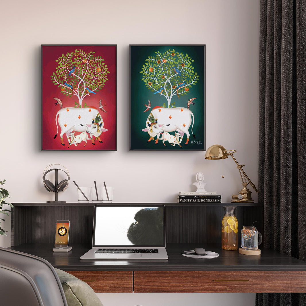 Buy Contemporary Pichwai Art of Mother Cow & Calf Digital Art Canvas