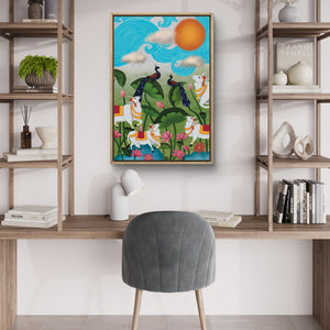 Elegant Pichwai digital painting with vibrant colors in a contemporary home office.
