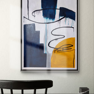 Modern abstract painting featuring blue and yellow tones in a minimalist office setting.