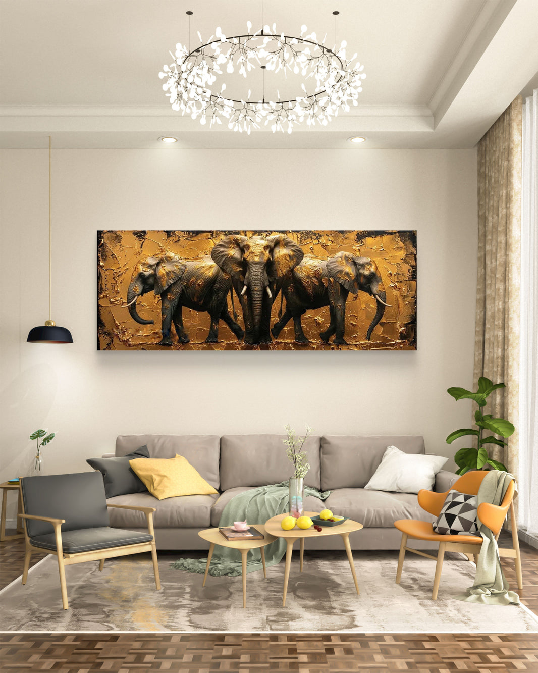 Regal Elephant Trio and Golden Impasto Digital Vastu Painting