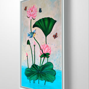 Close-up of a Pichwai acrylic painting of lotus flowers and birds in a white frame.