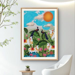 Vibrant Pichwai artwork featuring cows, peacocks, and a radiant sun in a minimalist decor setting.