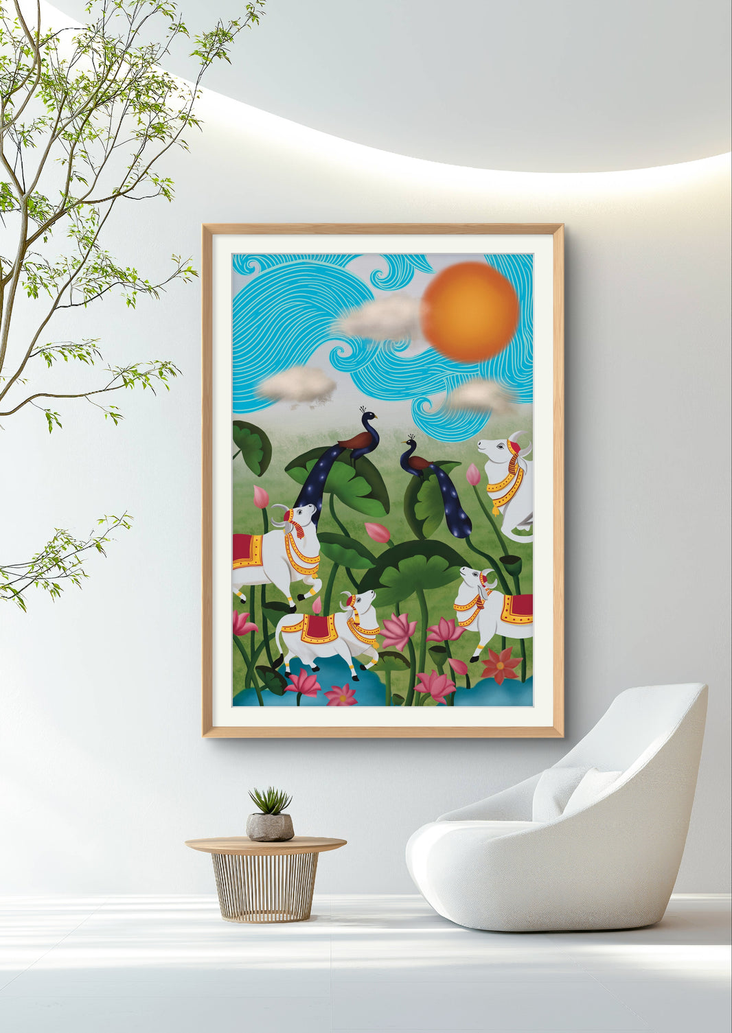 Vibrant Pichwai artwork featuring cows, peacocks, and a radiant sun in a minimalist decor setting.