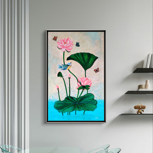 Modern Pichwai lotus painting in a sleek home office with glass furniture.