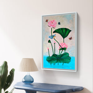 Handmade Pichwai lotus painting with vibrant colors on a modern console table.