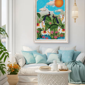 Traditional Pichwai digital painting with floral and animal motifs in a cozy living room.