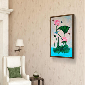 Pichwai acrylic painting of lotus flowers and birds in a serene reading corner.