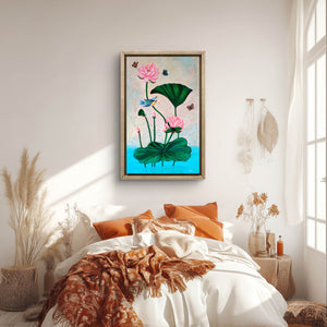 Elegant Pichwai acrylic painting of lotus flowers in a cozy bedroom setting.
