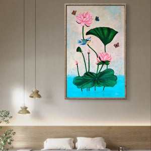 Handmade Pichwai lotus painting in a minimalist bedroom with neutral tones.